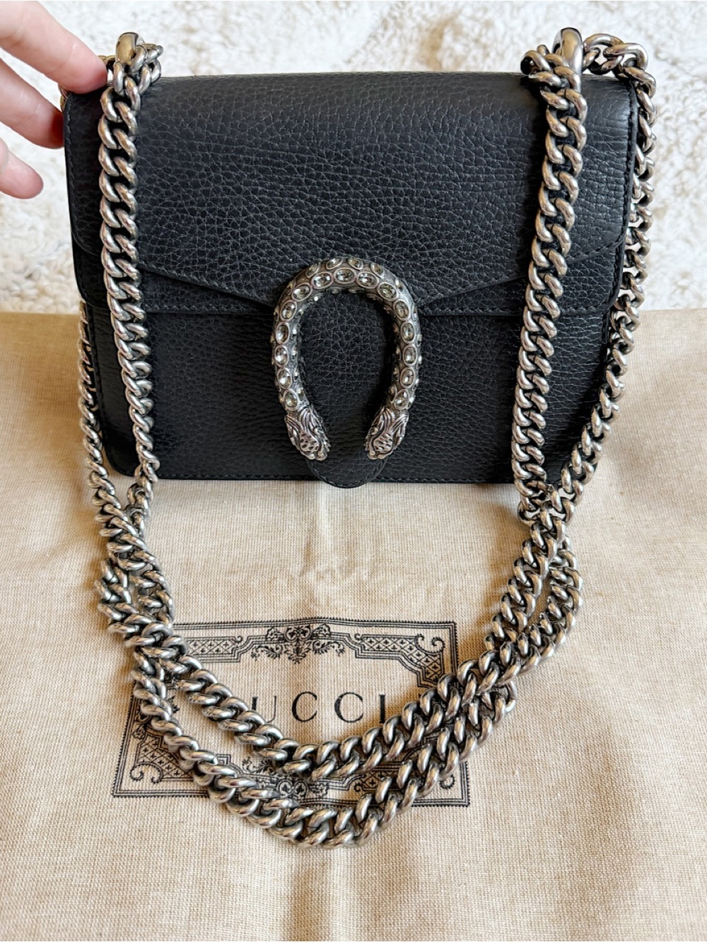 GUCCI Dollar Calfskin Crystal Mini Dionysus Bag Black chain crossbody shoulder